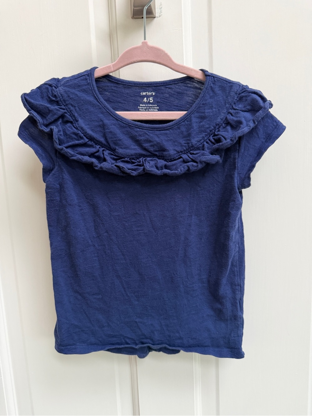 Carter's Girls 4 5 Navy Blue Ruffle-Trim Short Sleeve Tee Shirt Top Blouse